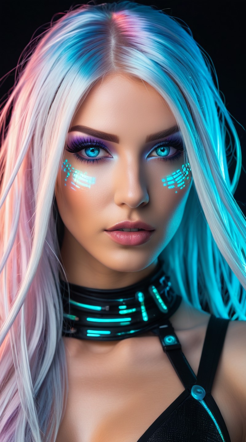Upper body shot of a cyberpunk diva with dynamic holographic eye makeup and glowing fiber optic hair extensions that chang...